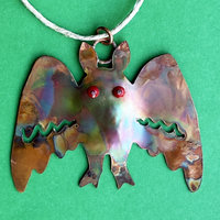 mothman copper ornament, flame patina, red glass bead eyes