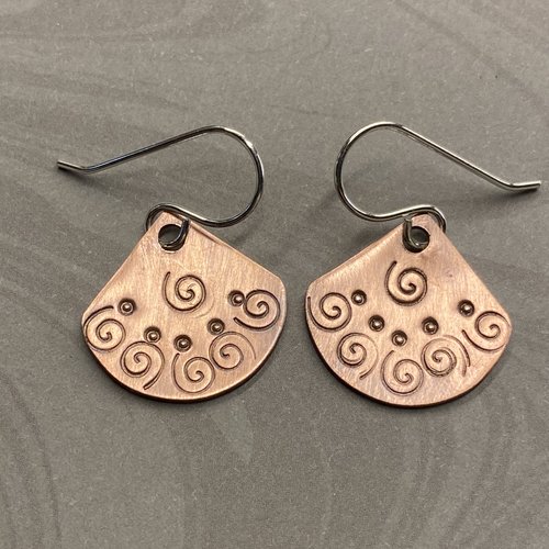 Copper Spiral Textured Fan Earrings