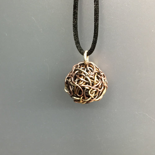 woven ball necklace, copper, sterling, brass