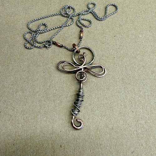 Sterling & Copper Dragonfly Pendant, close up view.