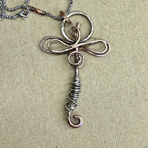 Sterling & Copper Dragonfly Pendant, close up view.
