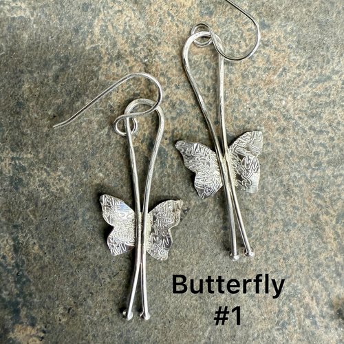 Sterling textured butterfly dangle earrings, version #1
